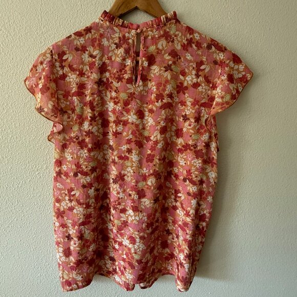 Nanette Lepore Pink Floral Ruffle Hems Flutter Short Sleeve Pintuck 27Top Size L - Picture 8 of 9